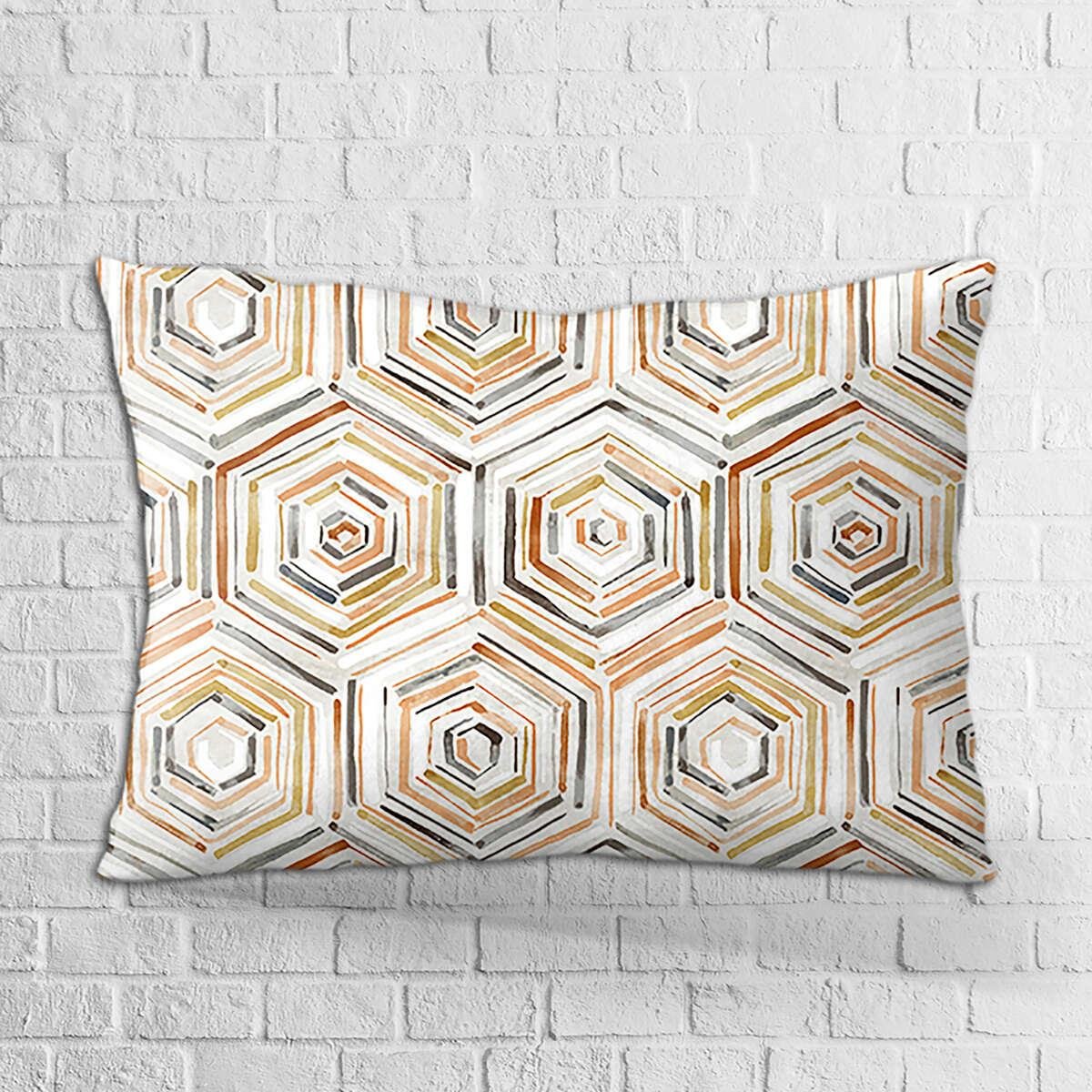 Çift Taraflı 35x50 Beyaz Turuncu Modern Geometrik Desenli Dijital Baskılı Kırlent Kılıfı - OTYK072-3550