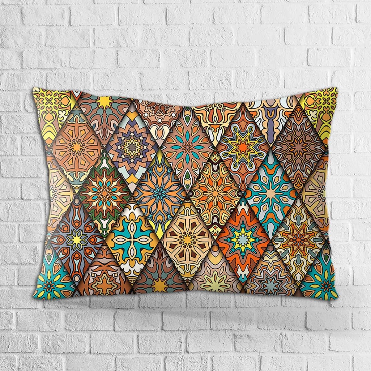 Çift Taraflı 35x50 Kahverengi Retro Etnik Desenli Özel Tasarım Yastık Kırlent Kılıfı - OTYK003-3550