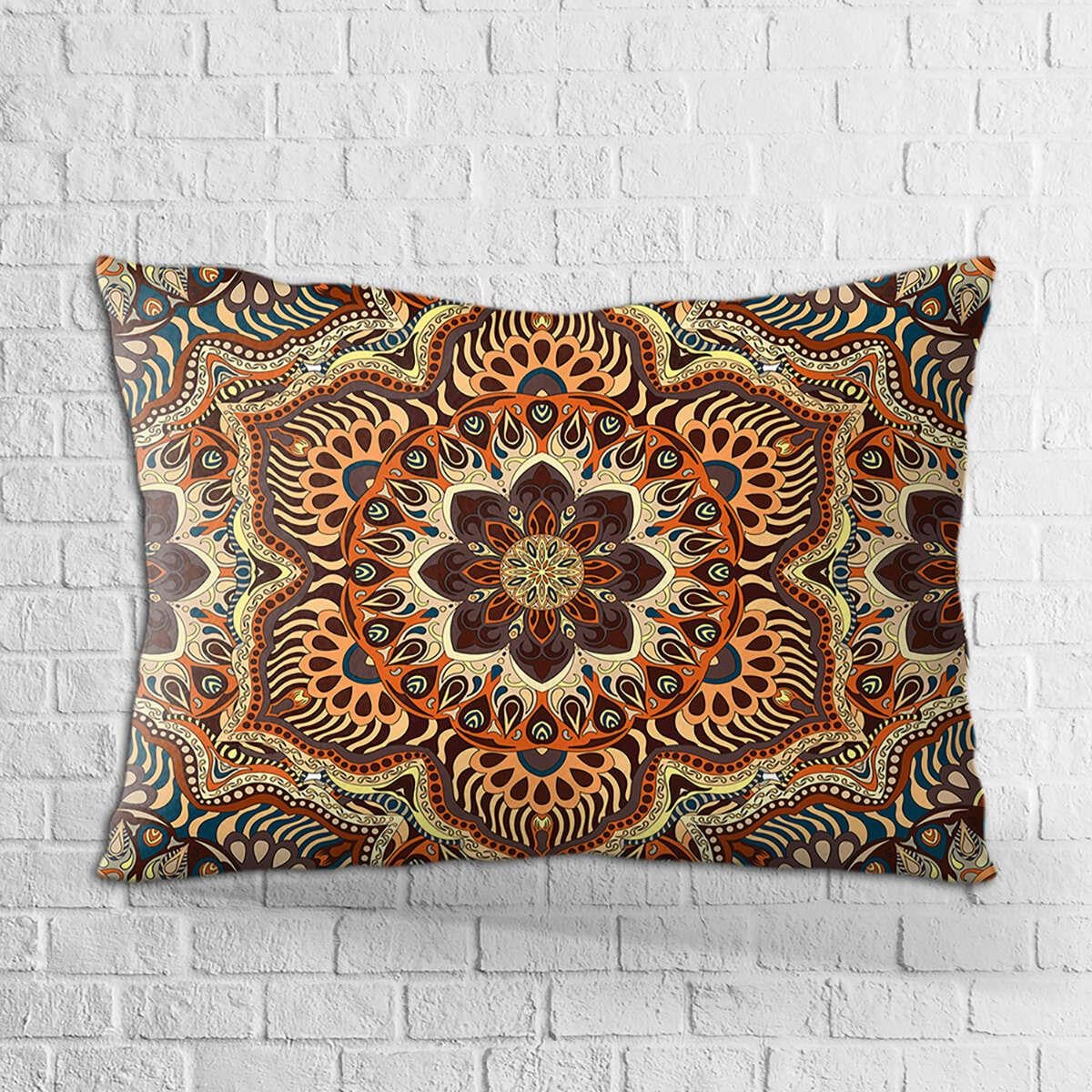 Çift Taraflı 35x50 Kahverengi Turuncu Vintage Desenli Dijital Baskılı Kırlent Kılıfı - OTYK272-3550