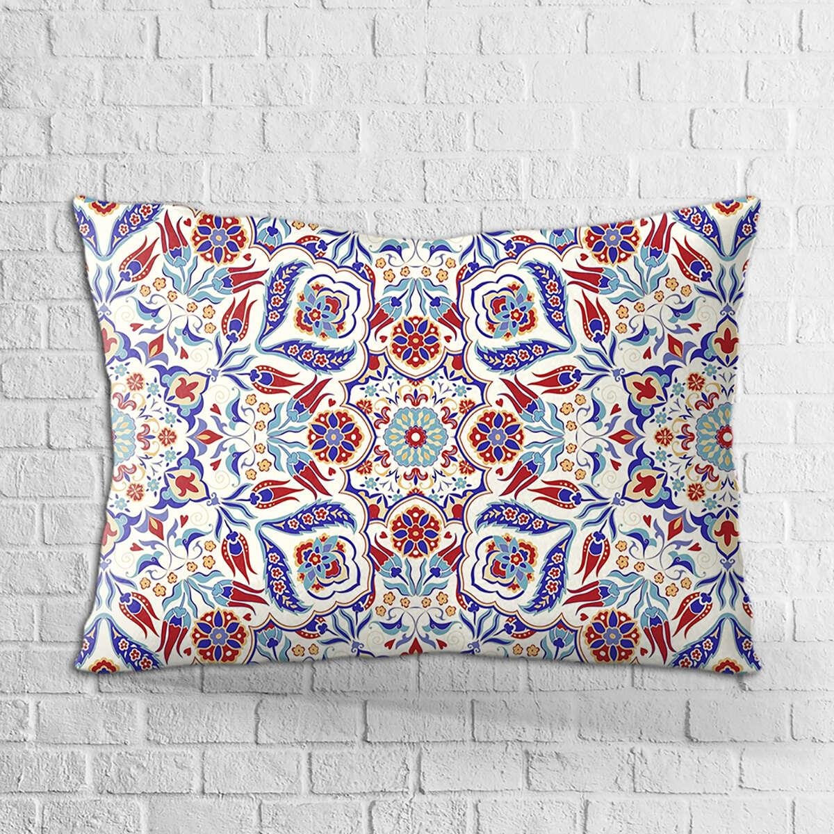 Çift Taraflı 35x50 Kırmızı Etnik Lale Motifli Özel Tasarım Yastık Kırlent Kılıfı - OTYK002-3550