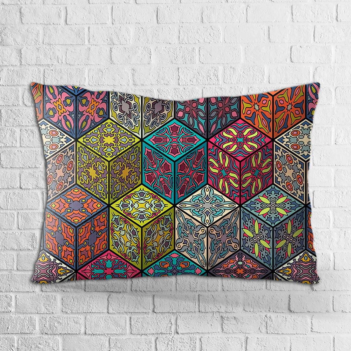 Çift Taraflı 35x50 Lacivert Çok Renkli Retro Vintage Desenli Dijital Baskılı Kırlent Kılıfı - OTYK018-3550