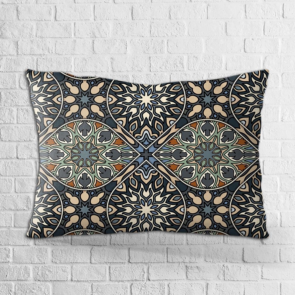 Çift Taraflı 35x50 Lacivert Çok Renkli Retro Vintage Desenli Dijital Baskılı Kırlent Kılıfı - OTYK284-3550