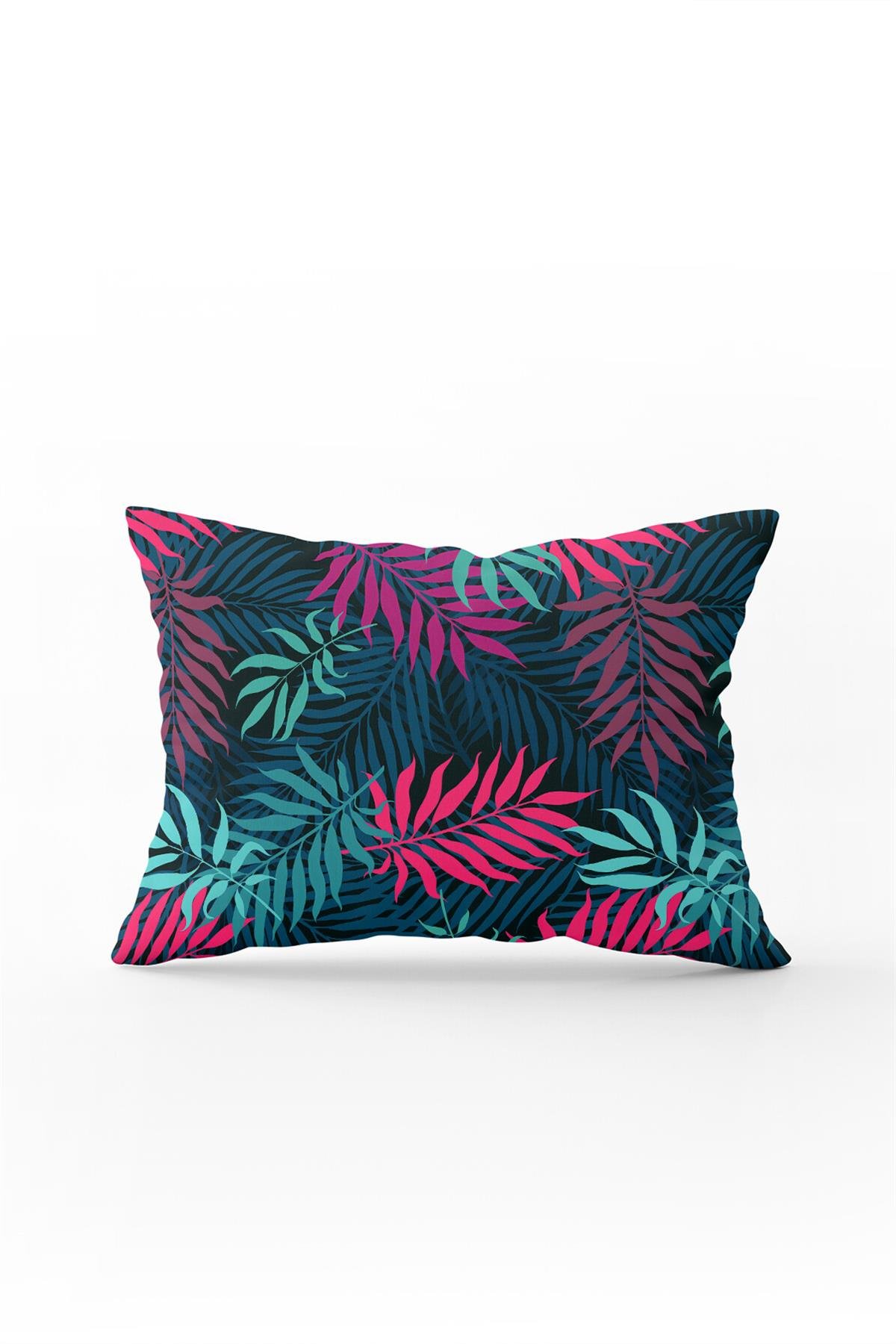 Çift Taraflı 35x50 Lacivert Pembe Tropikal Yapraklı Kırlent Yastık Kılıfı - CGH054-3550