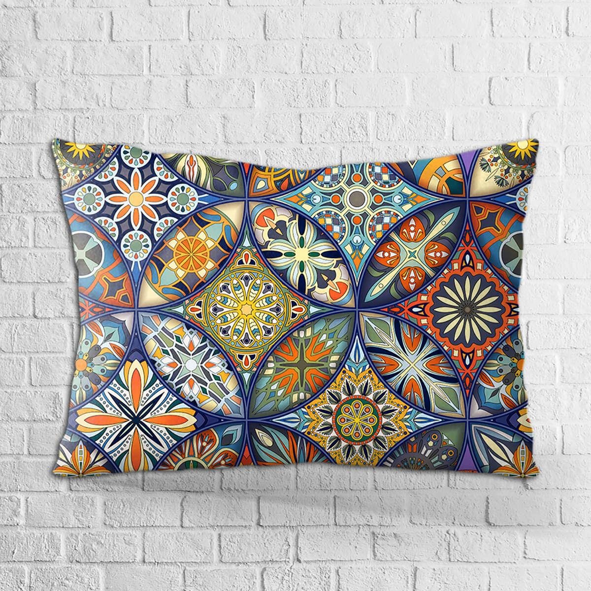 Çift Taraflı 35x50 Lacivert Retro Vintage Desenli Dijital Baskılı Kırlent Kılıfı - OTYK023-3550