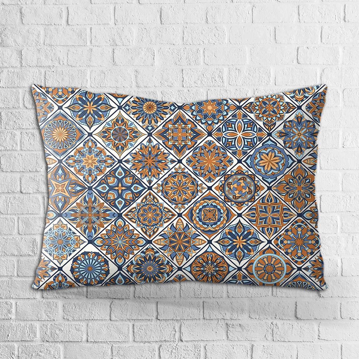 Çift Taraflı 35x50 Lacivert Turuncu Retro Vinatege Desenli Dijital Baskılı Kırlent Kılıfı - OTYK286-3550