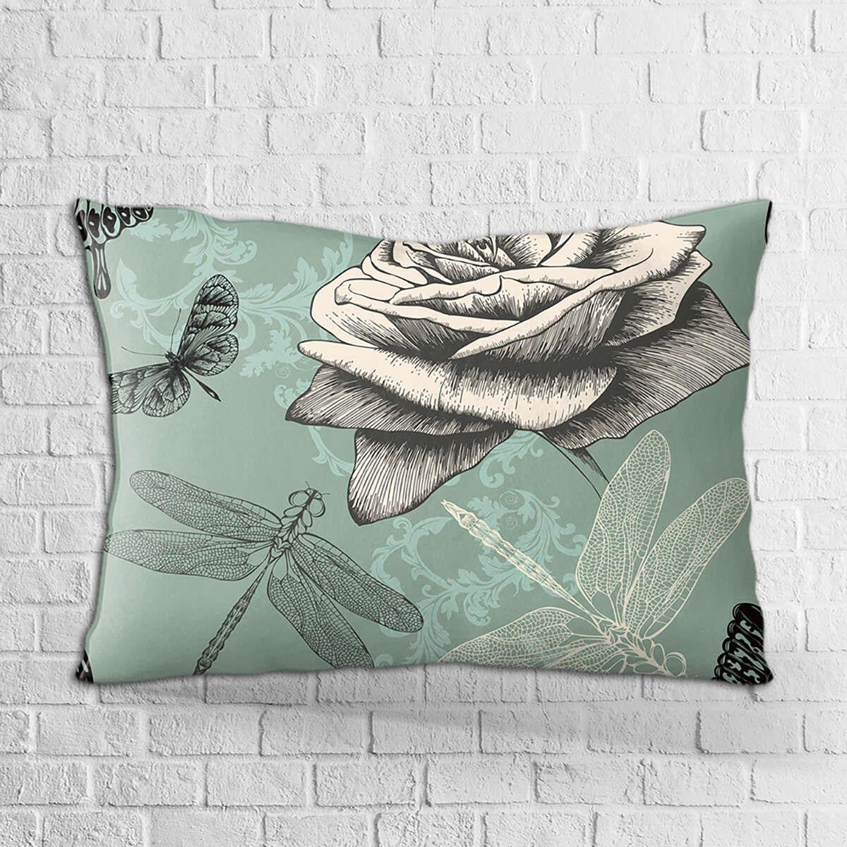 Çift Taraflı 35x50 Mavi Siyah Çiçek Ve Kelebek Desenli Dijital Baskılı Kırlent Kılıfı - OTYK312-3550