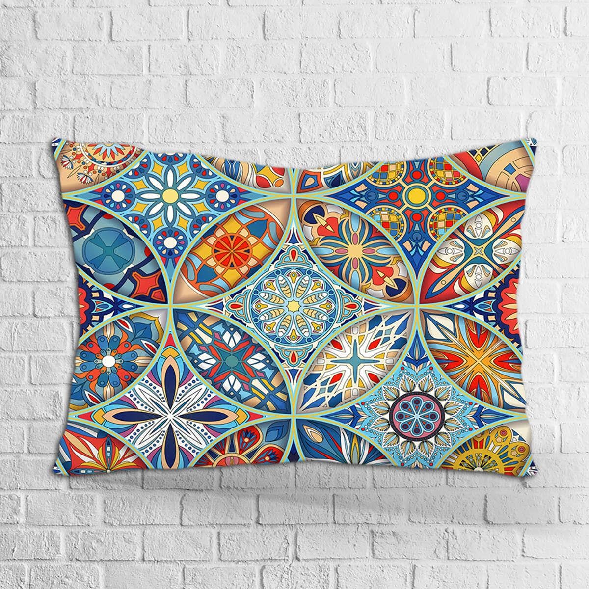 Çift Taraflı 35x50 Mavi Turuncu Retro Vintage Desenli Dijital Baskılı Kırlent Kılıfı - OTYK289-3550