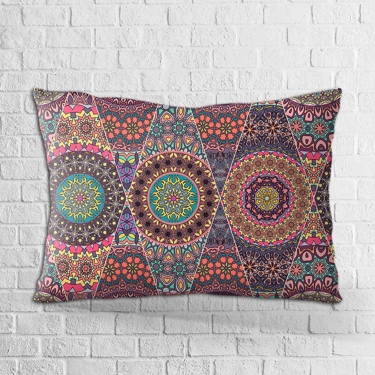 Çift Taraflı 35x50 Pembe Çok Renkli Retro Vintage Desenli Dijital Baskılı Kırlent Kılıfı - OTYK036-3550