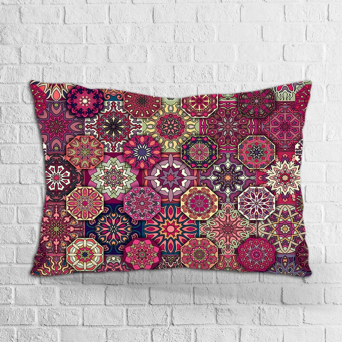 Çift Taraflı 35x50 Pembe Mor Retro Vintage Desenli Dijital Baskılı Kırlent Kılıfı - OTYK288-3550