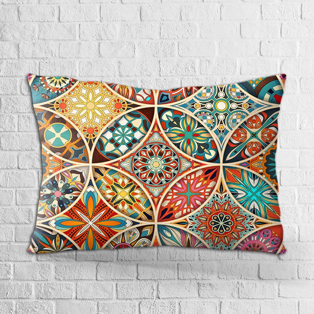 Çift Taraflı 35x50 Sarı Çok Renkli Retro Vintage Desenli Dijital Baskılı Kırlent Kılıfı - OTYK278-3550