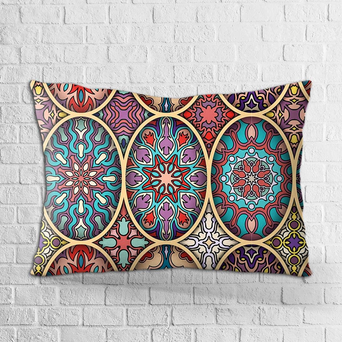 Çift Taraflı 35x50 Sarı Çok Renkli Retro Vintage Desenli Dijital Baskılı Kırlent Kılıfı - OTYK024-3550