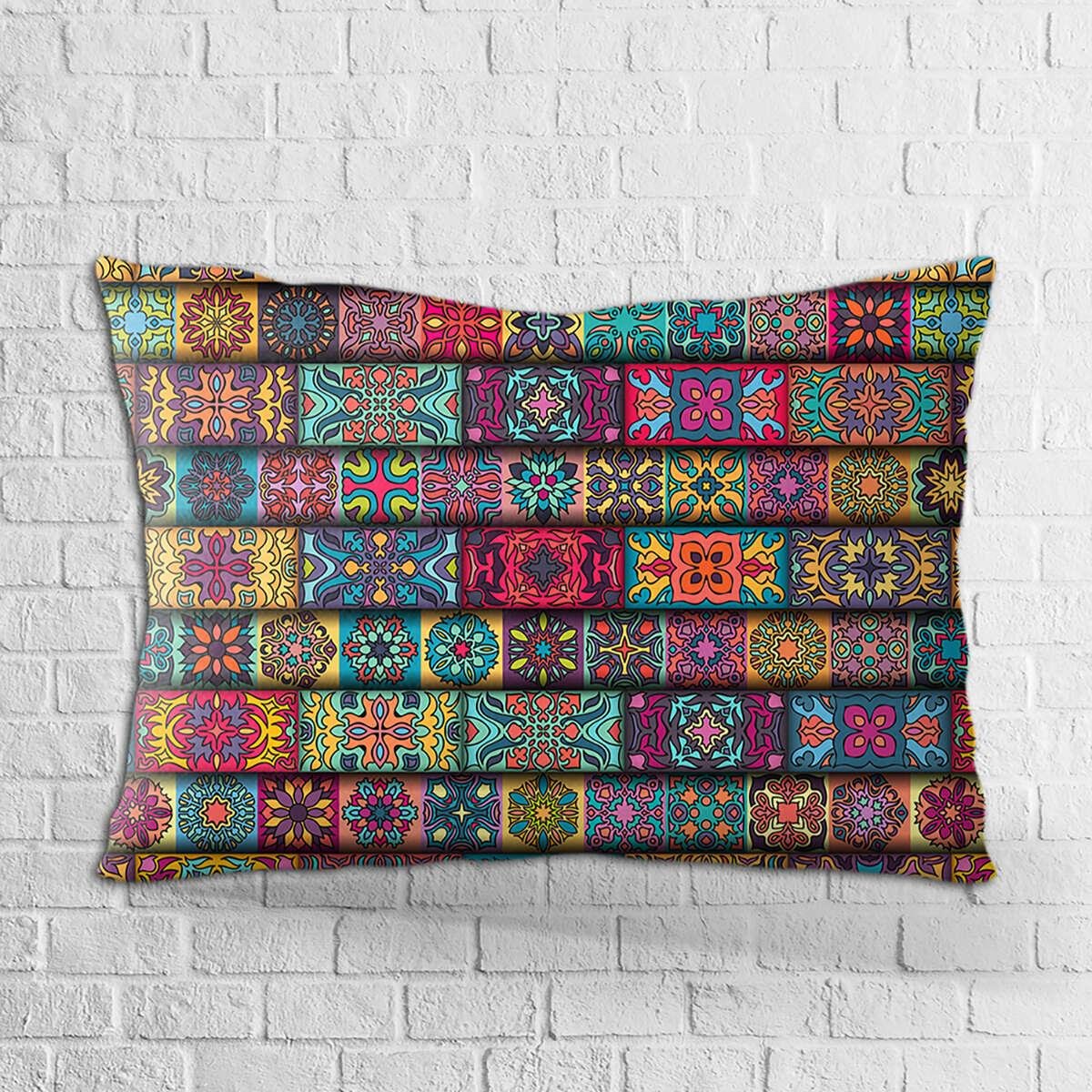Çift Taraflı 35x50 Sarı Çok Renkli Retro Vintage Dijital Baskılı Kırlent Kılıfı - OTYK047-3550