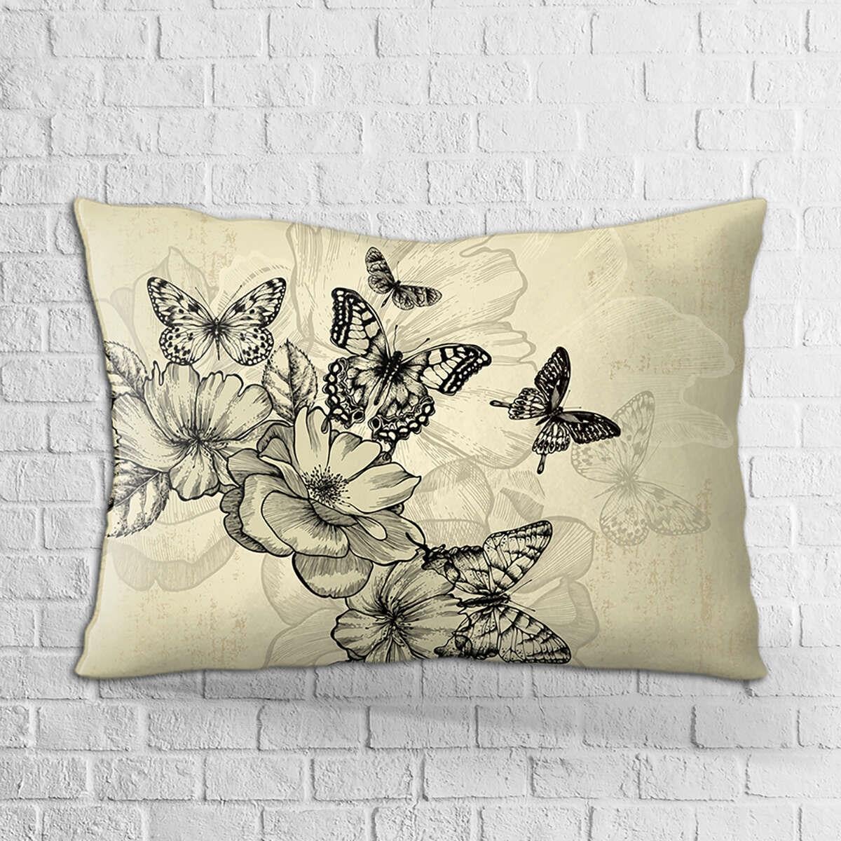 Çift Taraflı 35x50 Siyah Krem Kelebek ve Çiçek Desenli Dijital Baskılı Kırlent Kılıfı - OTYK305-3550
