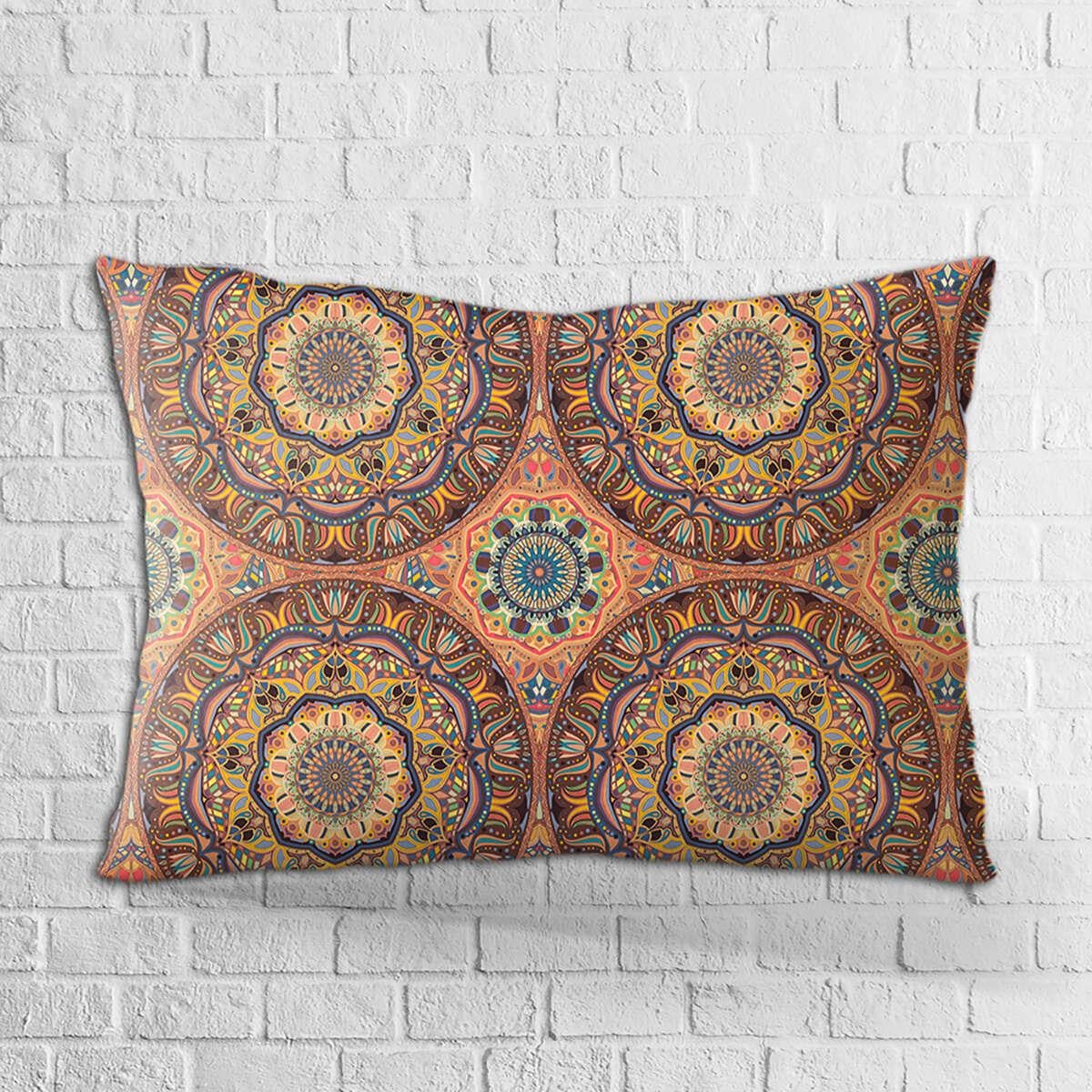 Çift Taraflı 35x50 Turuncu Etnik Retro Vintage Desenli Dijital Baskılı Kırlent Kılıfı - OTYK014-3550