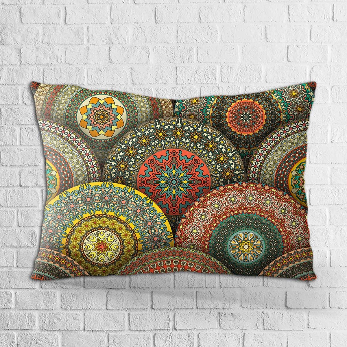 Çift Taraflı 35x50 Yeşil Çok Renkli Retro Vintage Desenli Dijital Baskılı Kırlent Kılıfı - OTYK251-3550