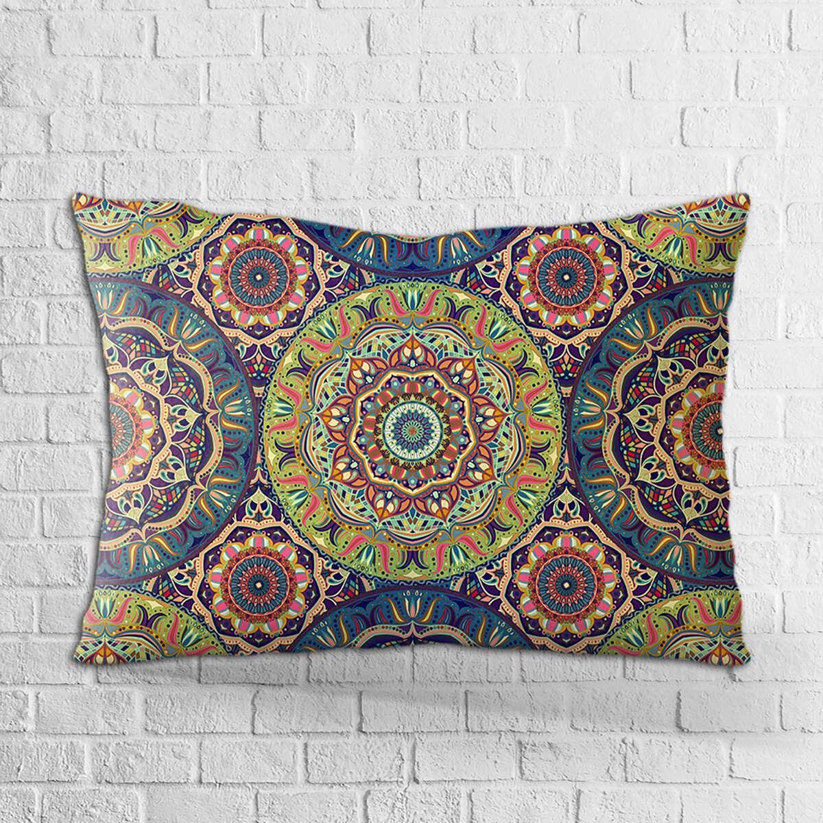 Çift Taraflı 35x50 Yeşil Çok Renkli Retro Vintage Desenli Dijital Baskılı Kırlent Kılıfı - OTYK019-3550