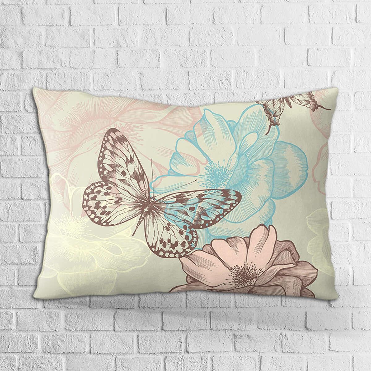 Çift Taraflı 35x50 Yeşil Pembe Çiçek ve Kelebek Desenli Dijital Baskılı Kırlent Kılıfı - OTYK310-3550