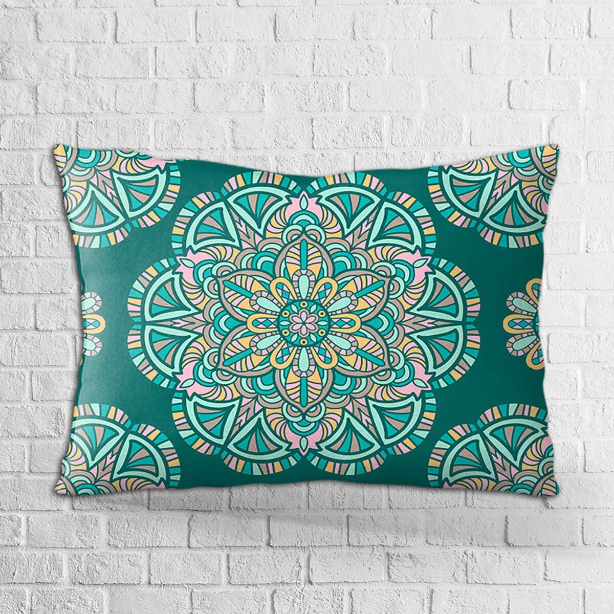 Çift Taraflı 35x50 Yeşil Pembe Vintage Retro Desenli Dijital Baskılı Kırlent Kılıfı - OTYK350-3550