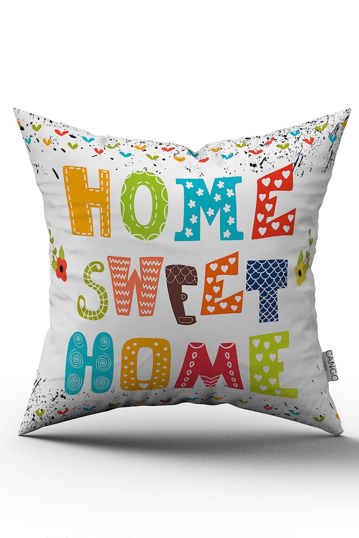 Çift Taraflı Beyaz Çok Renkli Home Sweet Home Yazılı Dijital Baskı Kırlent Yastık Kılıfı - CGH444-CT