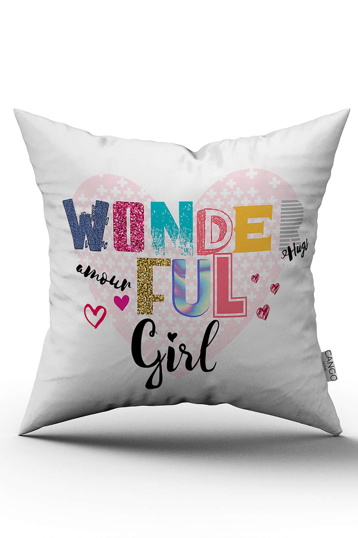 Çift Taraflı Beyaz Çok Renkli Wonderful Girl Yazılı Dijital Baskı Kırlent Yastık Kılıfı - CGH430-CT