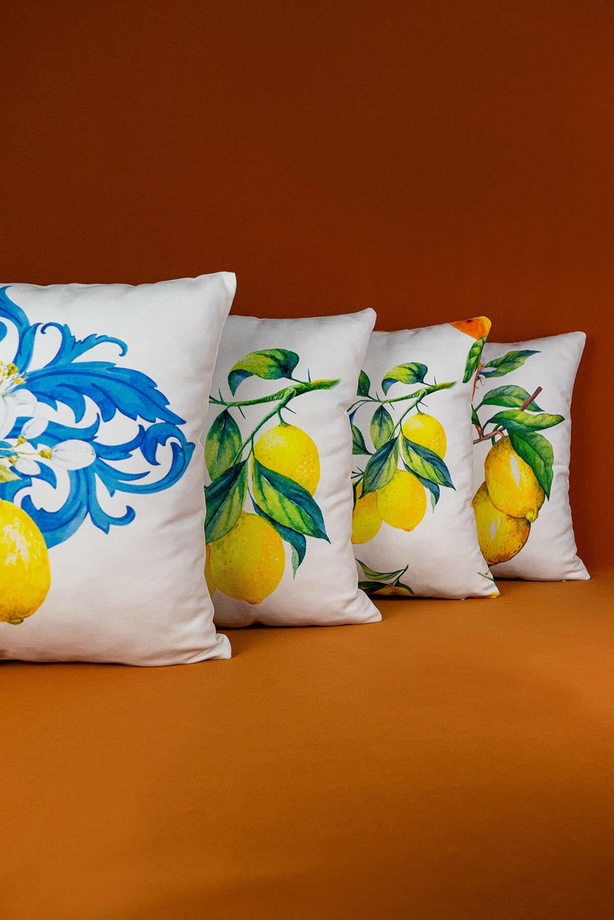 Çift Taraflı Beyaz Sarı Limon Desenli 4'lü Dijital Baskılı Kırlent Kılıfı Seti 4kmbs90-CT