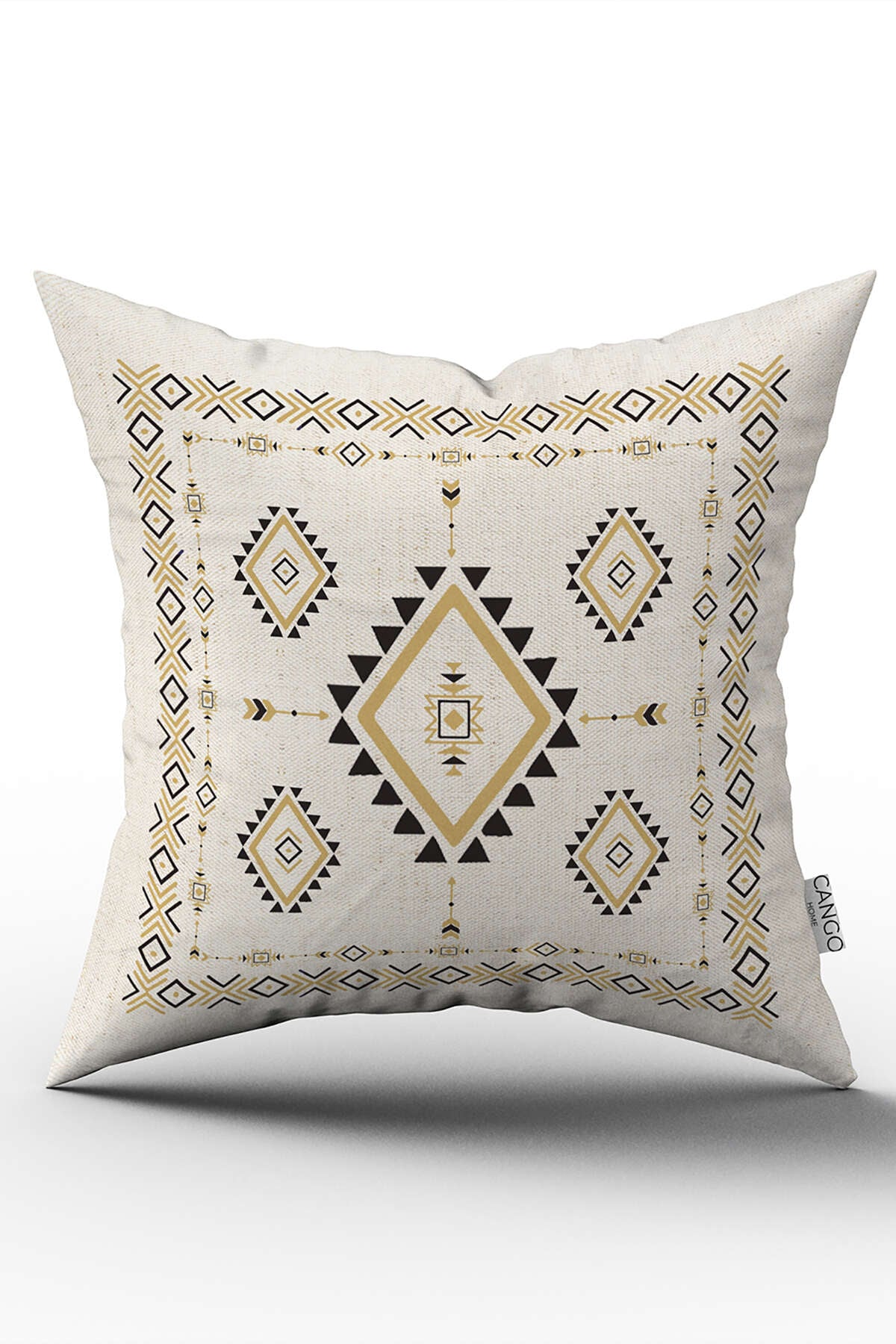 Çift Taraflı Krem Siyah Etnik Kilim Desenli Dijital Baskılı Kırlent Kılıfı CGH1086