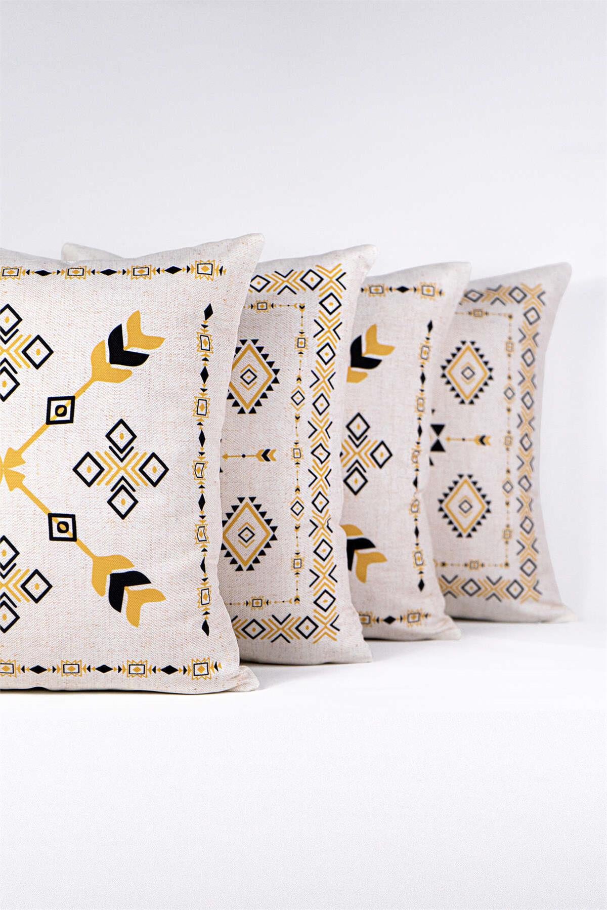 Çift Taraflı Krem Siyah Etnik Kilim Desenli 4'lü Dijital Baskılı Kırlent Kılıfı Seti 4kmbs267-CT