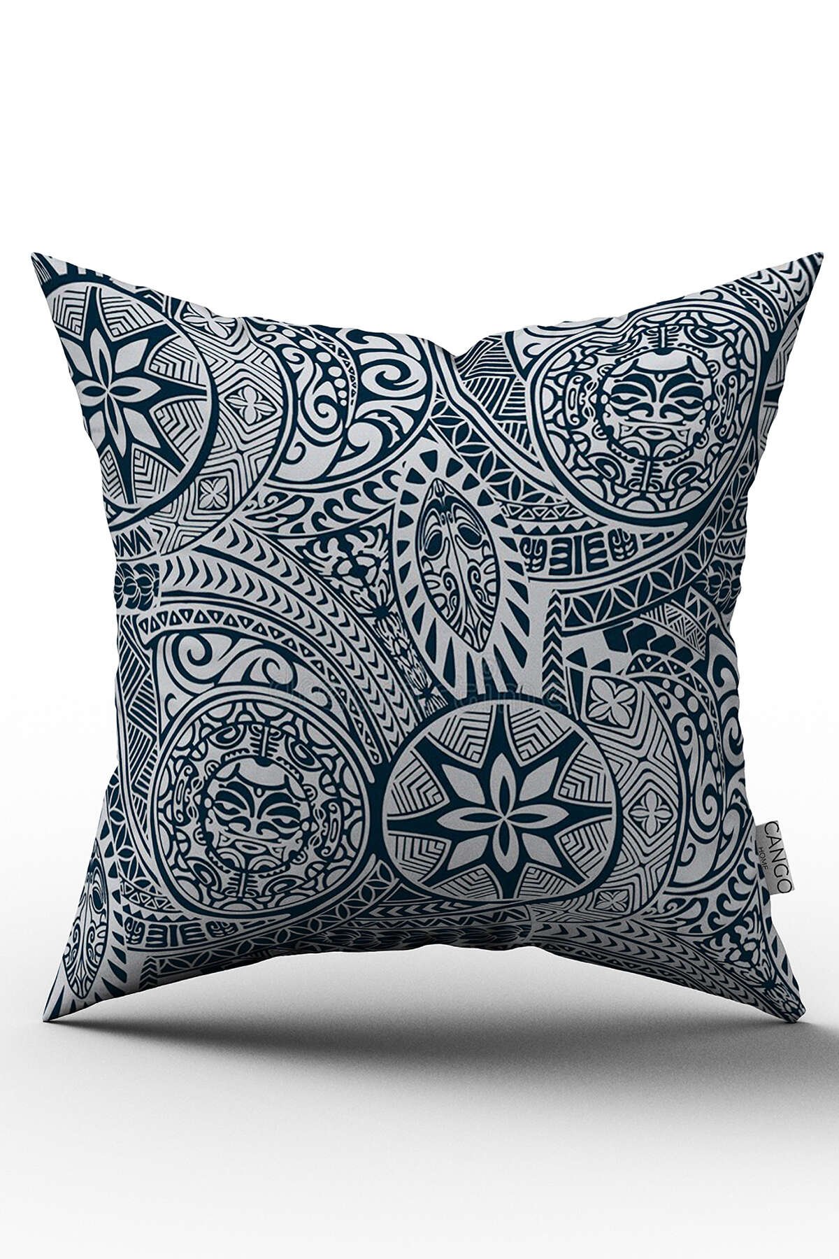 Çift Taraflı Mavi Beyaz Vintage Motif Desenli Dijital Baskılı Kırlent Kılıfı - OTYK351-CT