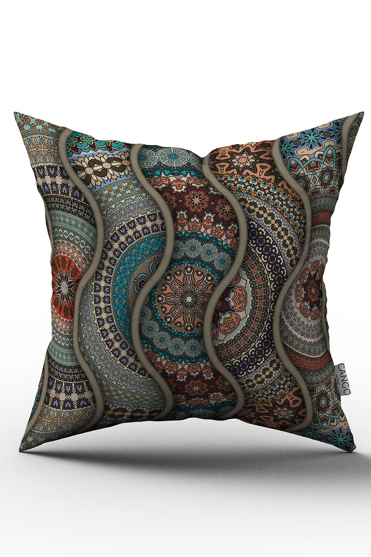 Çift Taraflı Mavi Çok Renkli Retro Vintage Desenli Dijital Baskılı Kırlent Kılıfı - OTYK285-CT
