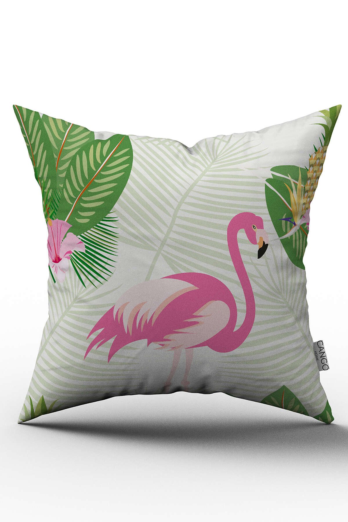 Çift Taraflı Pembe Yeşil Tropikal Flamingo Desenli Dijital Baskılı Kırlent Kılıfı - OTYK563-CT