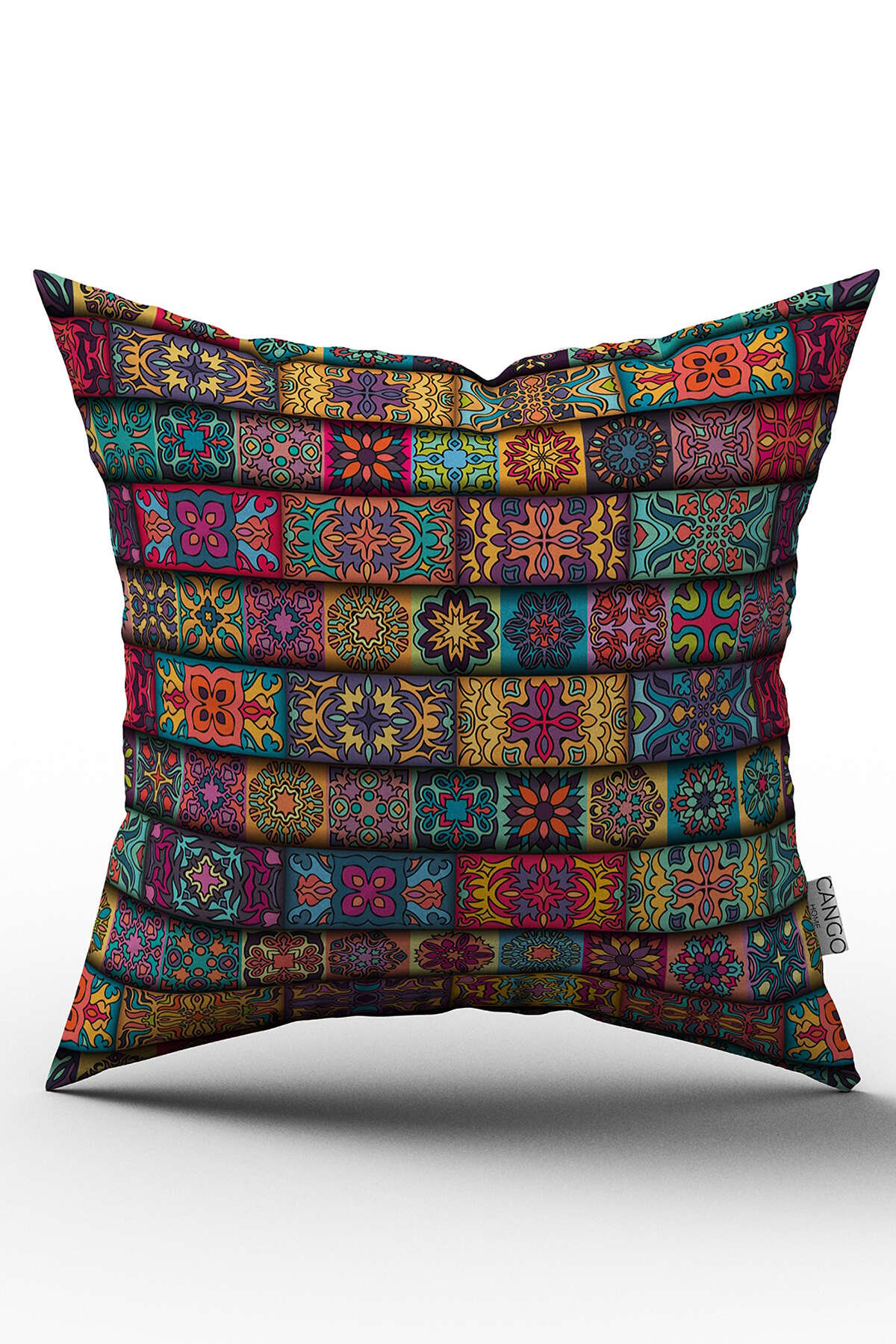 Çift Taraflı Sarı Çok Renkli Retro Vintage Dijital Baskılı Kırlent Kılıfı - OTYK047-CT