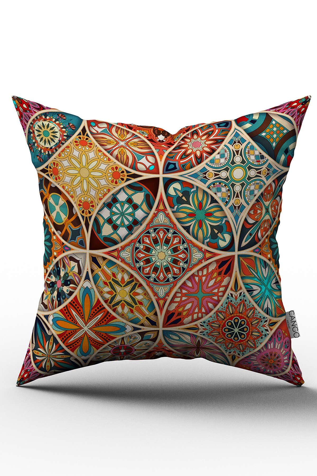 Çift Taraflı Sarı Çok Renkli Retro Vintage Desenli Dijital Baskılı Kırlent Kılıfı - OTYK278-CT