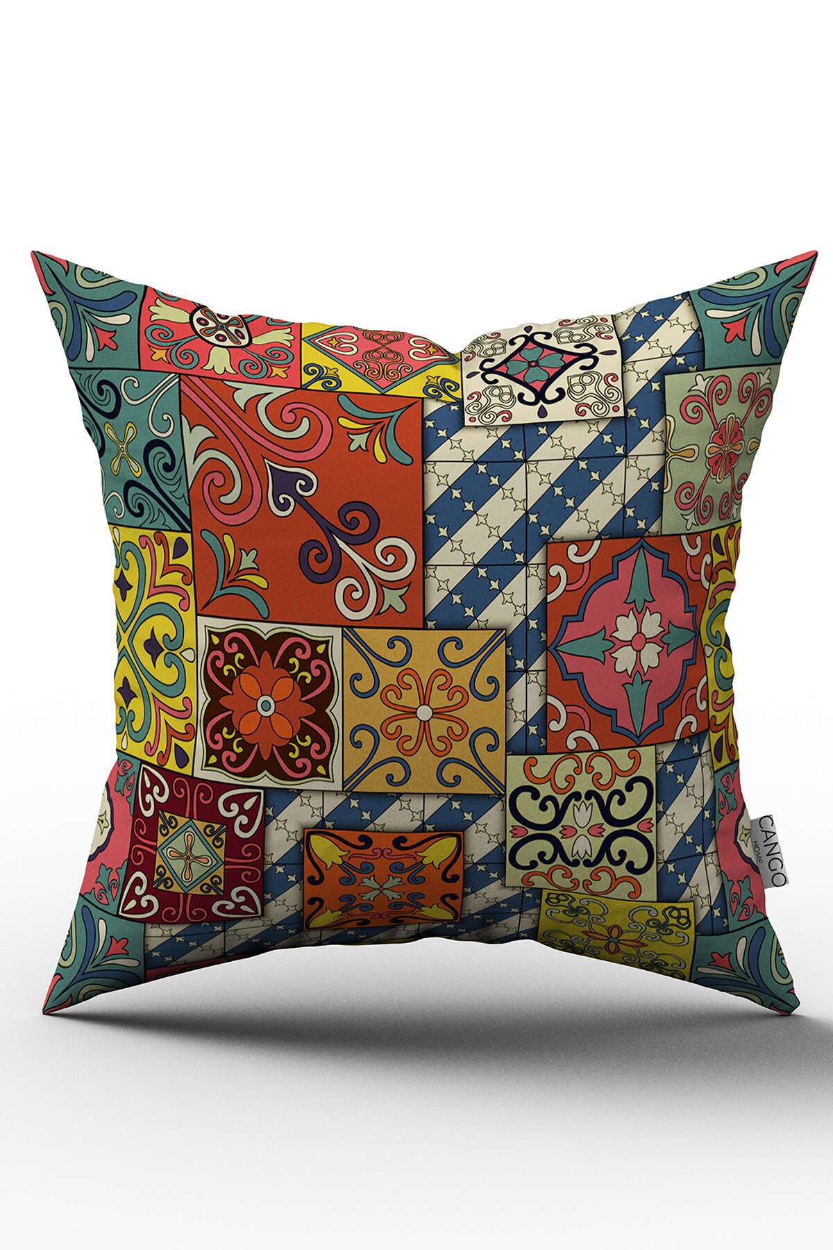 Çift Taraflı Sarı Çok Renkli Retro Vintage Desenli Dijital Baskılı Kırlent Kılıfı - OTYK030-CT
