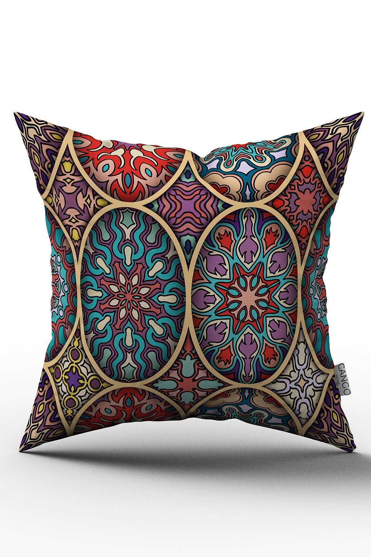 Çift Taraflı Sarı Çok Renkli Retro Vintage Desenli Dijital Baskılı Kırlent Kılıfı - OTYK024-CT