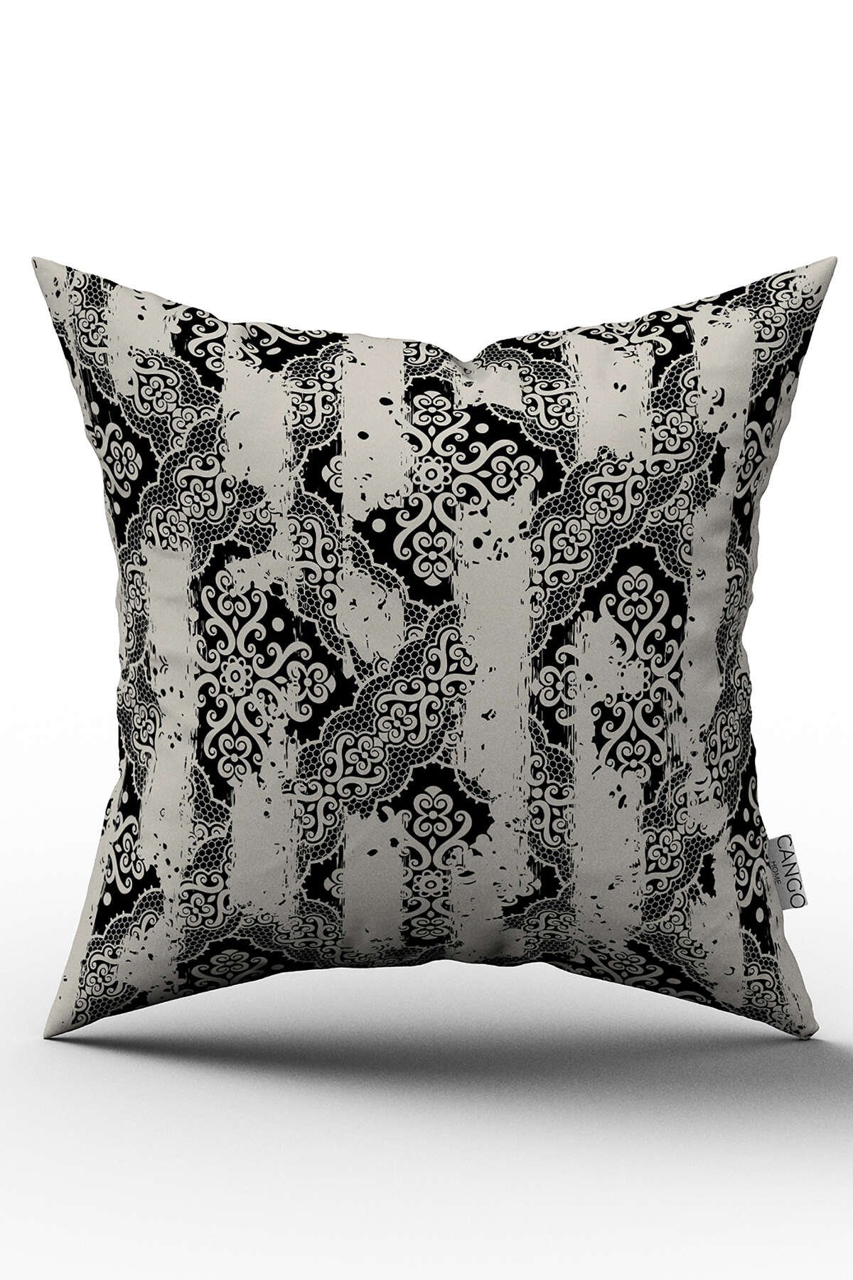 Çift Taraflı Siyah Krem Damask Desenli Kırlent Yastık Kılıfı - CGH099-CT