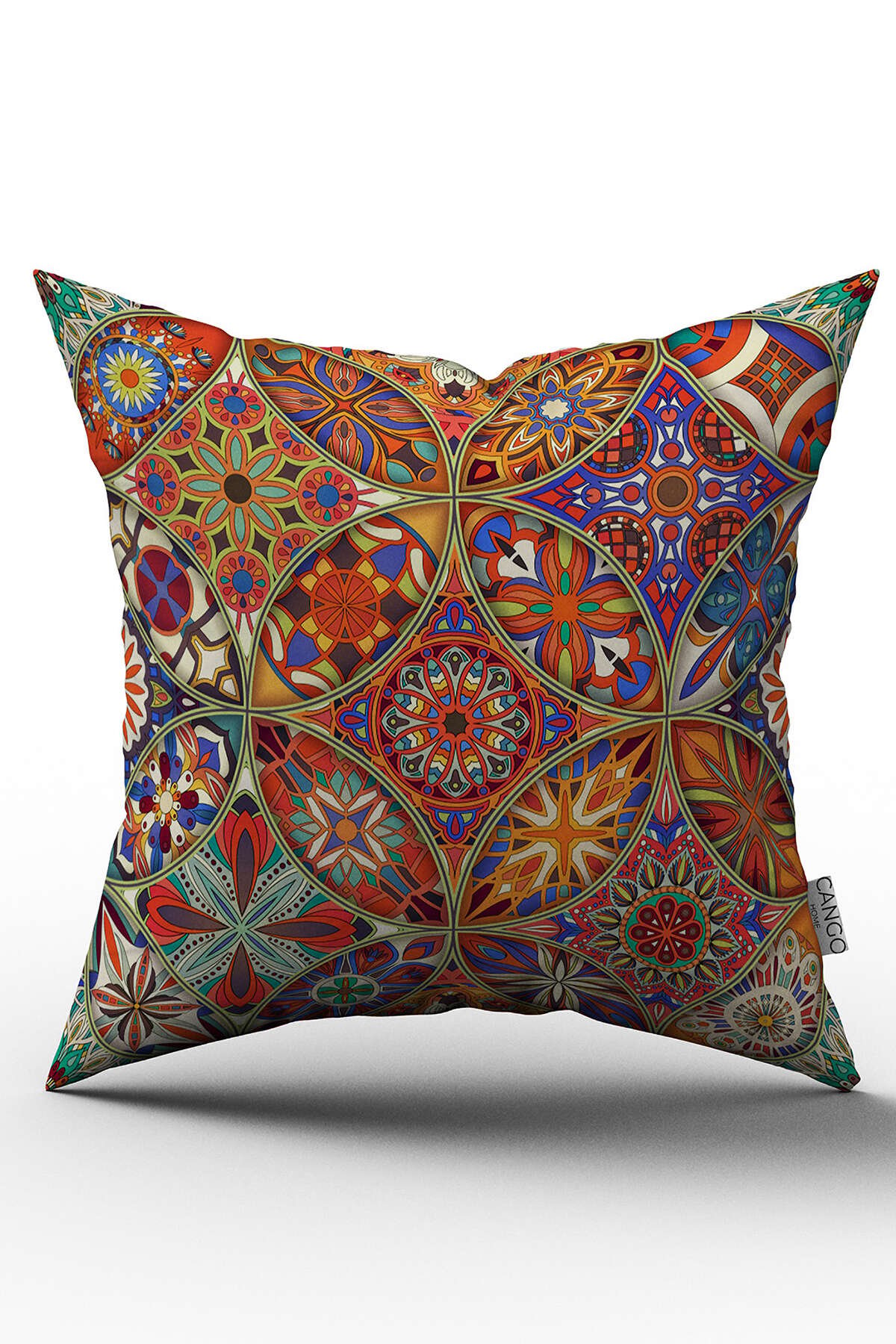 Çift Taraflı Turuncu Çok Renkli Retro Vintage Desenli Dijital Baskılı Kırlent Kılıfı - OTYK010-CT