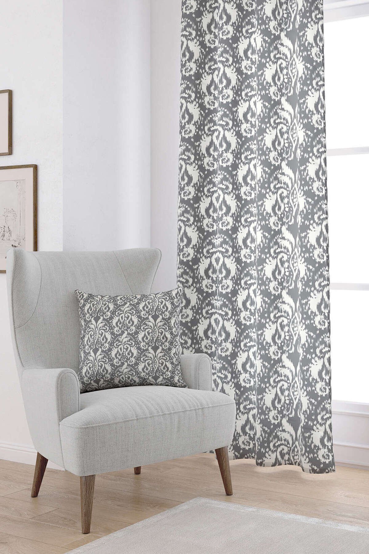 Gri Beyaz Damask Desenli Dijital Baskılı Perde CGH115-PR