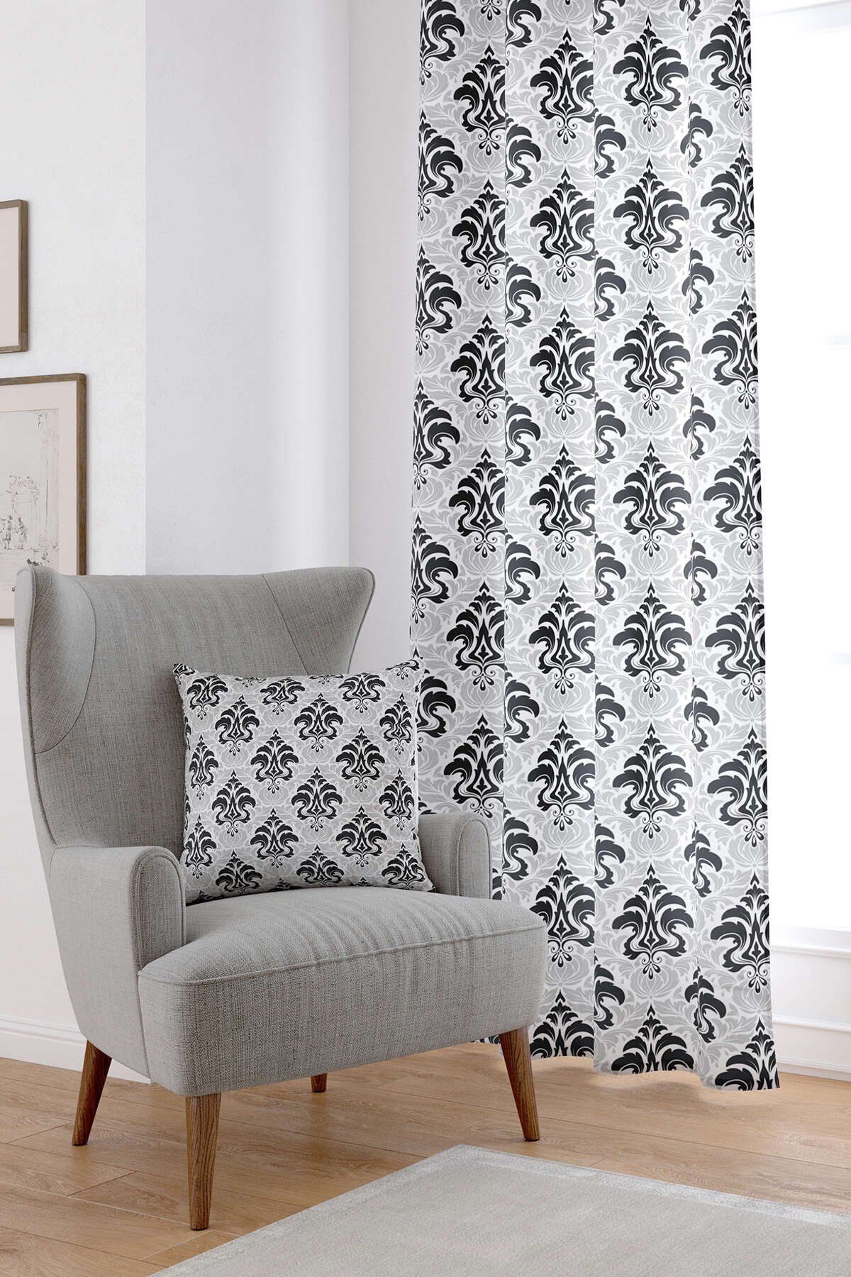 Gri Damask Desenli Dijital Baskılı Perde CGH344-PR