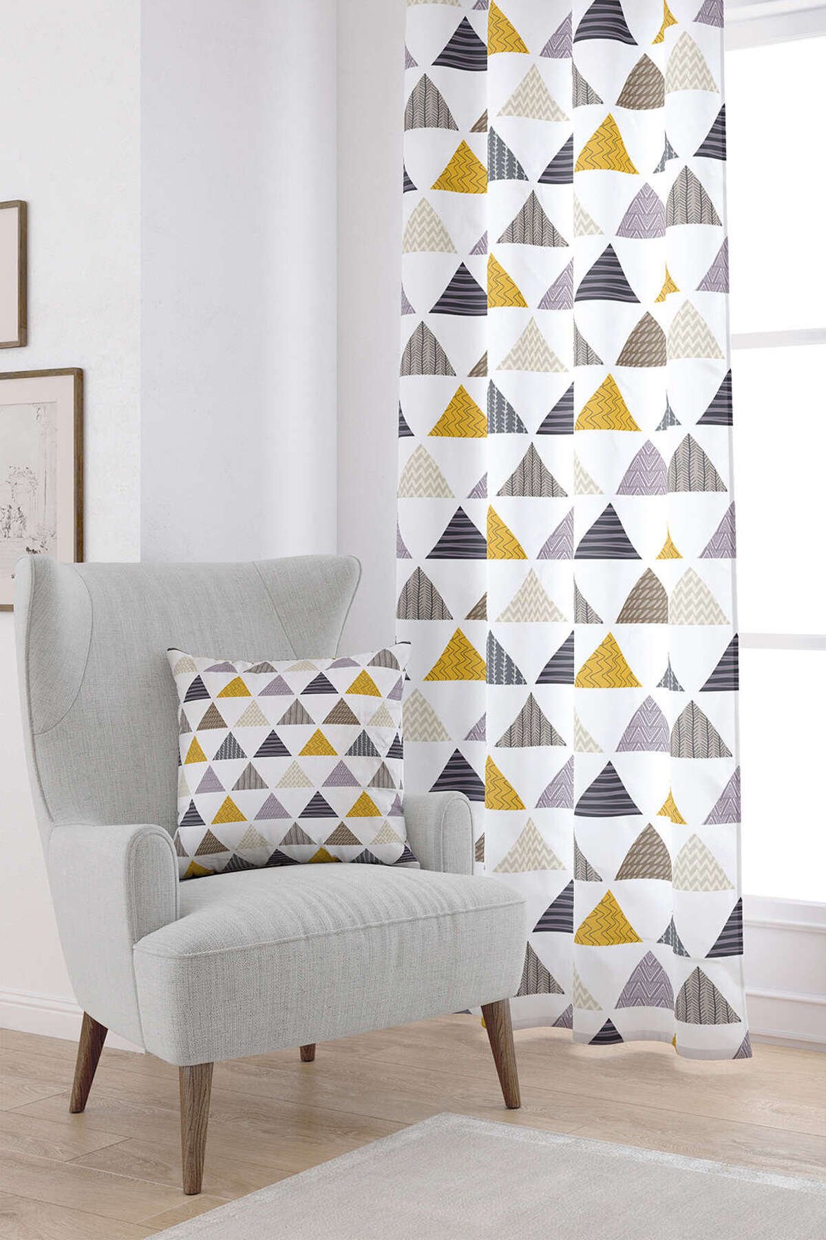 Gri Sarı Geometrik Desenli Dijital Baskılı Perde CGH078-PR