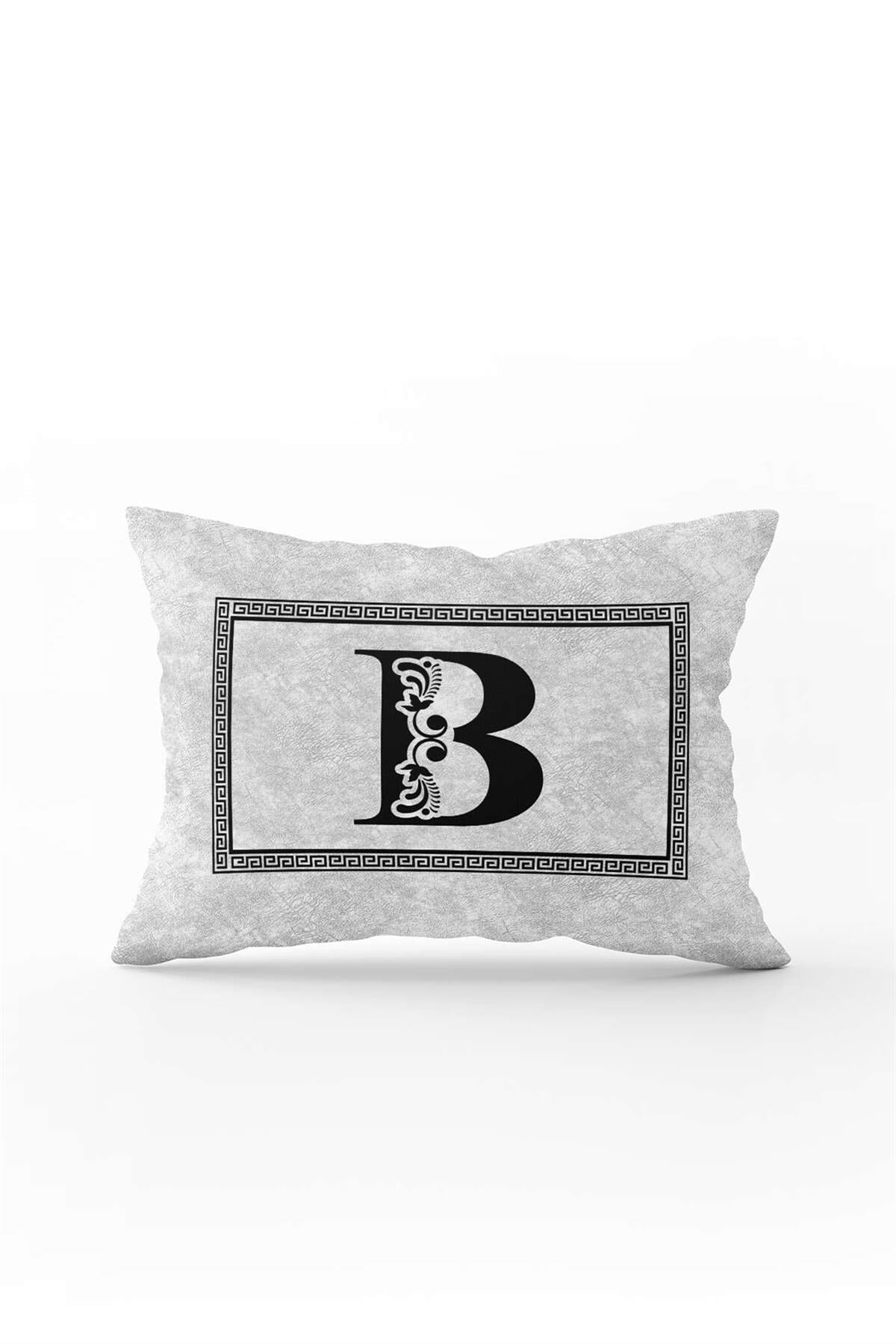 Gri Siyah Harfli Çift Tarafı Dijital Baskılı Kırlent Kılıfı B Harfi