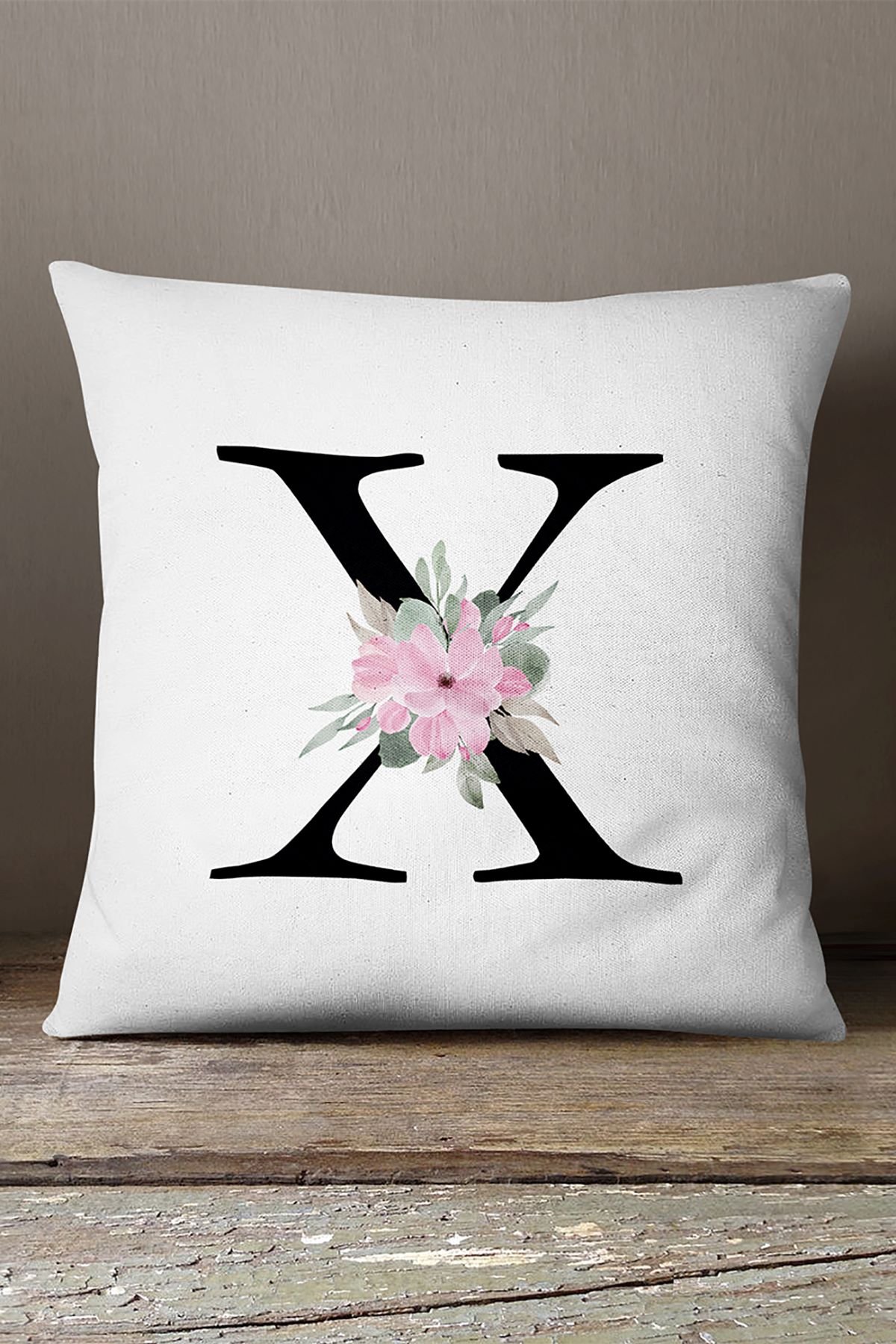 Kadife Babyface Çift Tarafı Pembe Çiçekli Harfli Kırlent Kılıfı - X Harfi