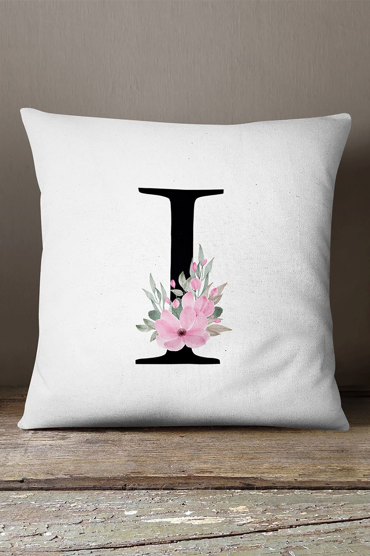 Kadife Babyface Çift Tarafı Pembe Çiçekli Harfli Kırlent Kılıfı - I Harfi