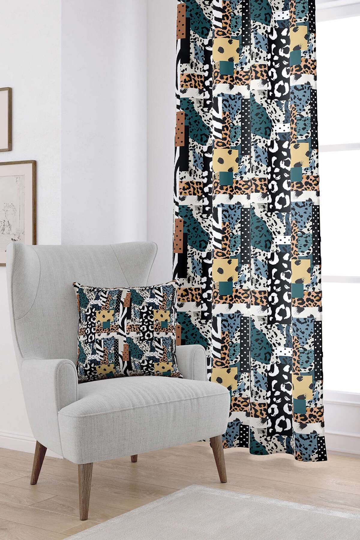 Kahverengi Mavi Modern Leopar Desenli Dijital Baskılı Perde CGH354-PR
