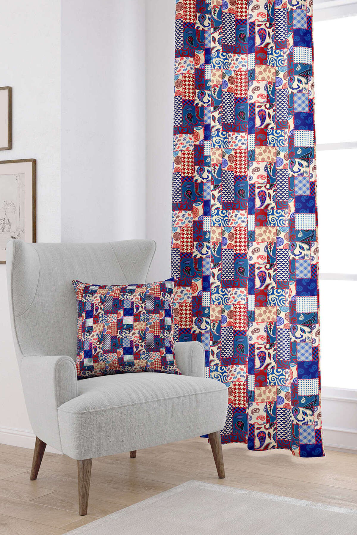Kırmızı Lacivert Etnik Patchwork Desenli Dijital Baskılı Perde CGH623-PR