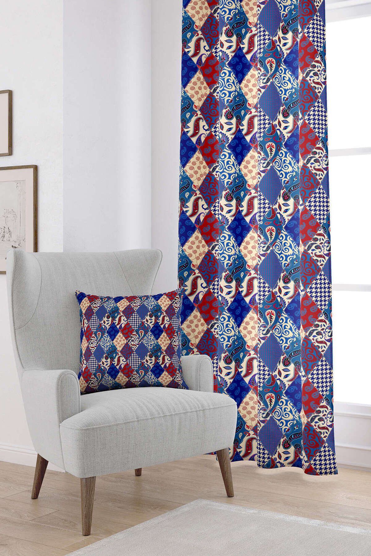 Kırmızı Lacivert Etnik Patchwork Desenli Dijital Baskılı Perde CGH622-PR