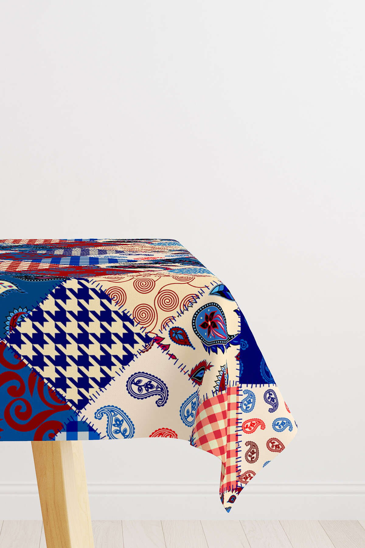 Kırmızı Mavi Etnik Patchwork Desenli Dijital Baskılı Masaörtüsü CGH605-MS