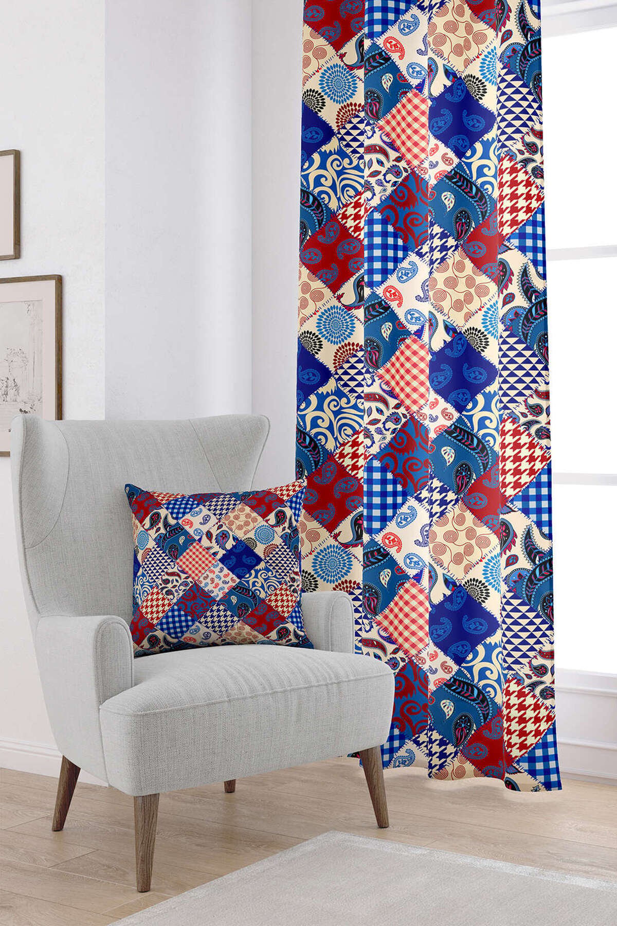 Kırmızı Mavi Etnik Patchwork Desenli Dijital Baskılı Perde CGH605-PR