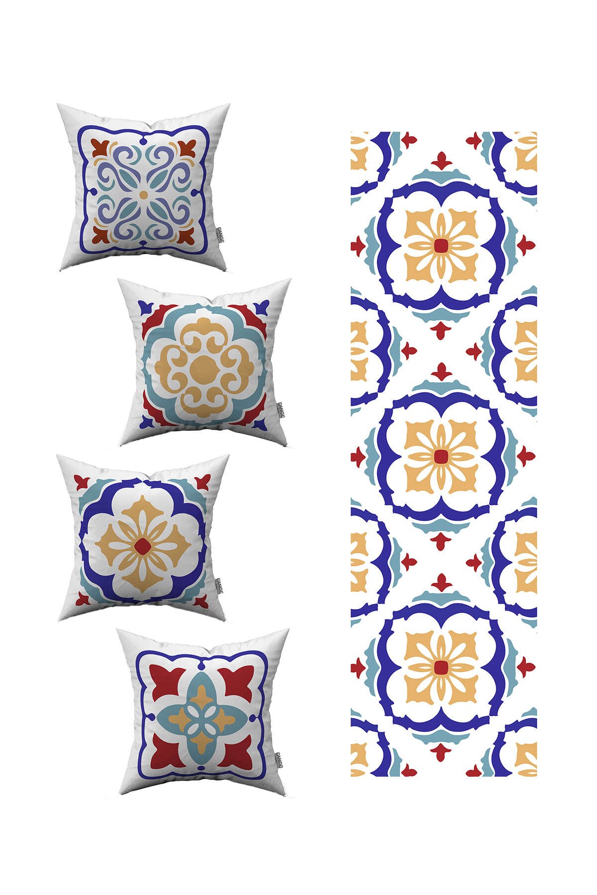 Kırmızı Mavi Modern Etnik Karo Desenli 4'lü Kırlent Kılıfı 1 Runner Seti 4kmbs99-RS-02
