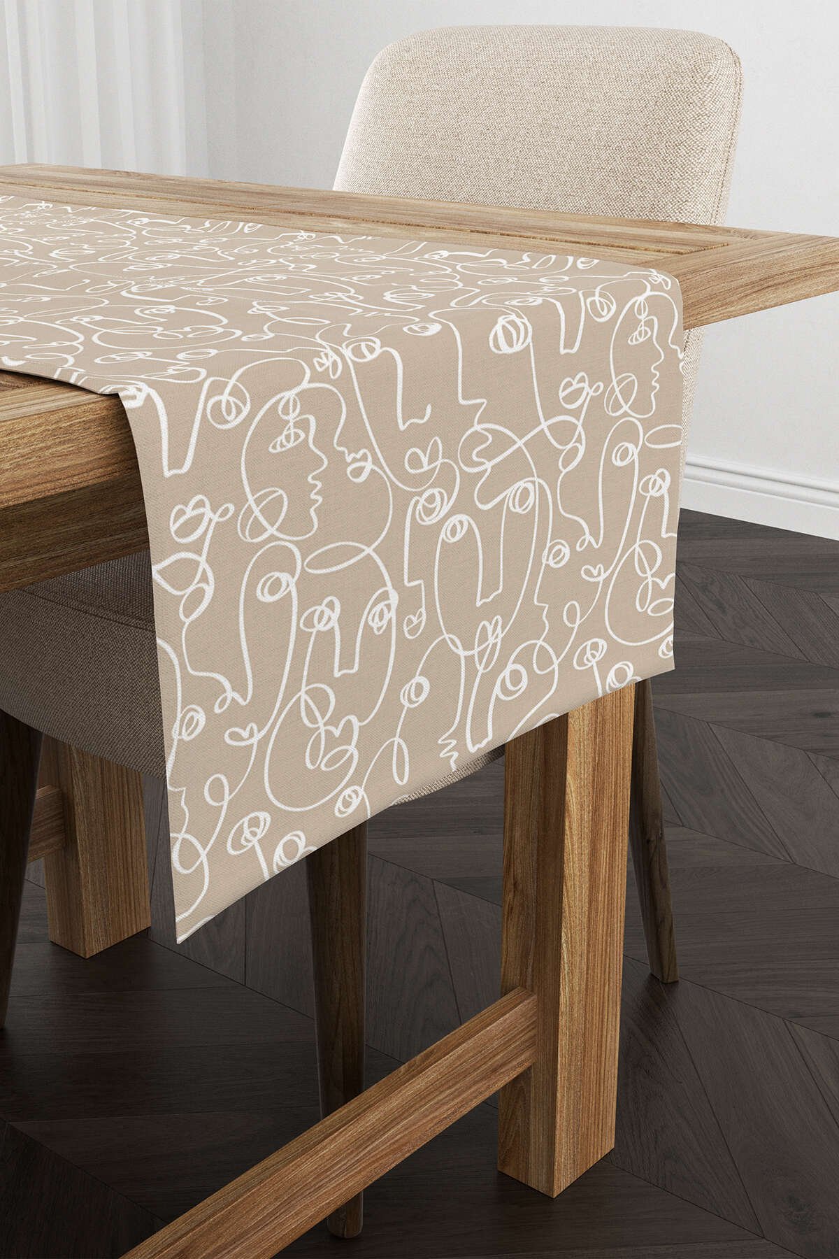 Krem Beyaz Bohem Modern Siluet Desenli Dijital Baskılı Runner CGH1209-RN