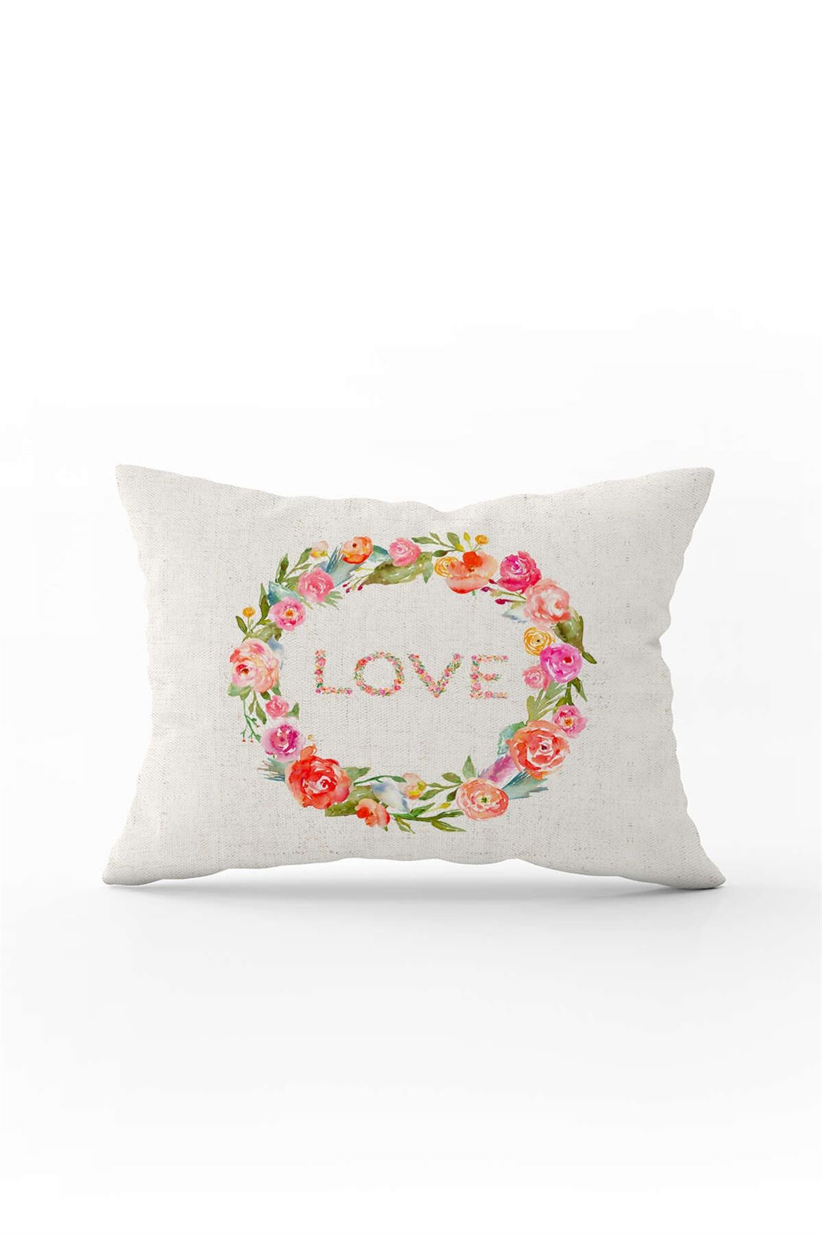 Krem Çok Renkli Love Çiçekli Desenli Dijital Baskılı Kırlent Kılıfı CGH1030-3550 Çift Tarafı Baskılı
